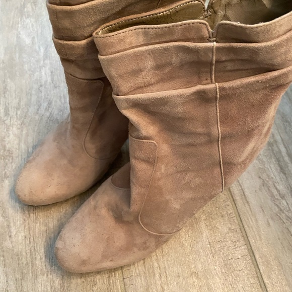 Taupe suede slouchy pull on boots. - Picture 2 of 4